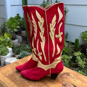 Vintage Cowboy Boots Red Suede Gold Flame Boot